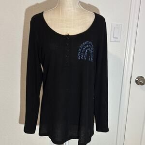 Torrid Black Long Sleeve Waffle Knit Top with Blue Detail Size 1X